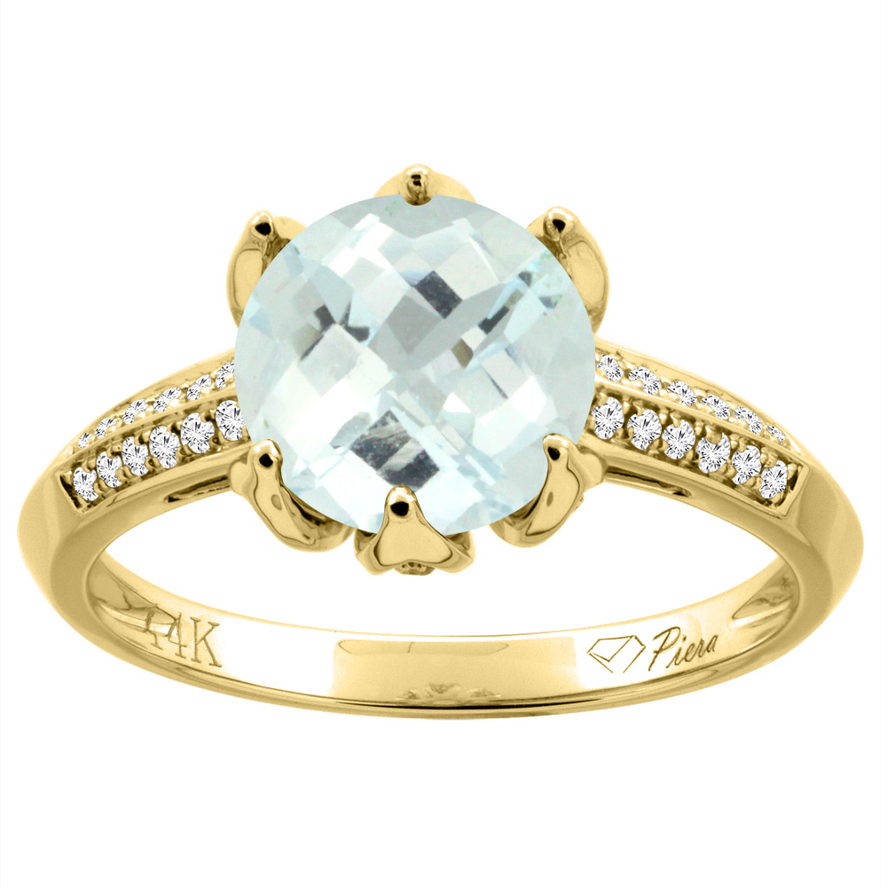 14K Gold Natural Aquamarine Ring Round 8 mm Diamond Accents, sizes 5 - 10