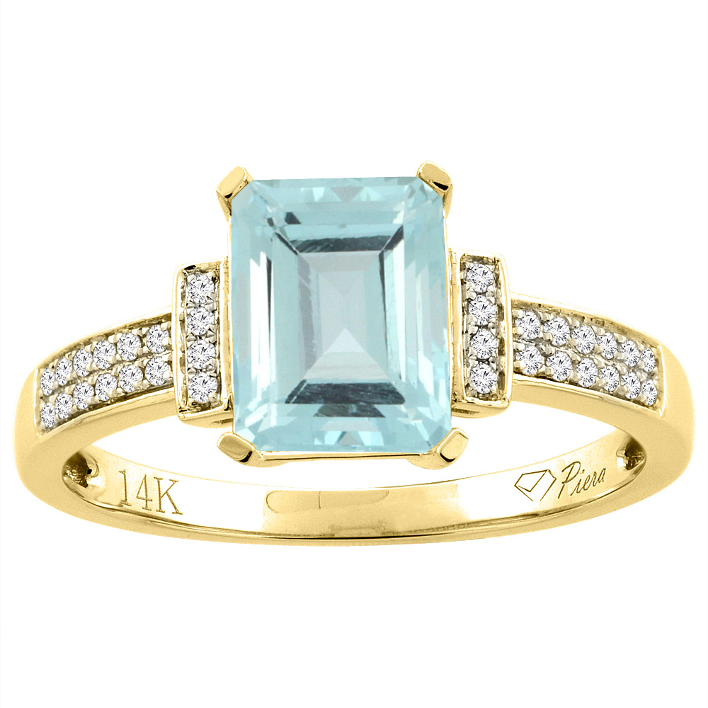 14K Gold Natural Aquamarine Ring Octagon 8x6 mm Diamond Accents, sizes 5 - 10