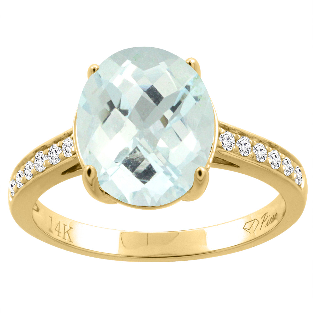 14K Gold Natural Aquamarine Ring Oval 11x9 mm Diamond Accents, sizes 5 - 10