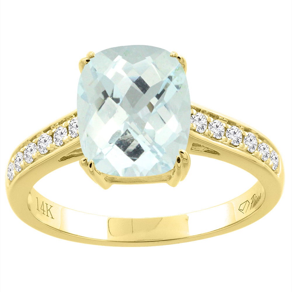 14K Gold Natural Aquamarine Ring Cushion Cut 9x7 mm Diamond Accents, sizes 5 - 10