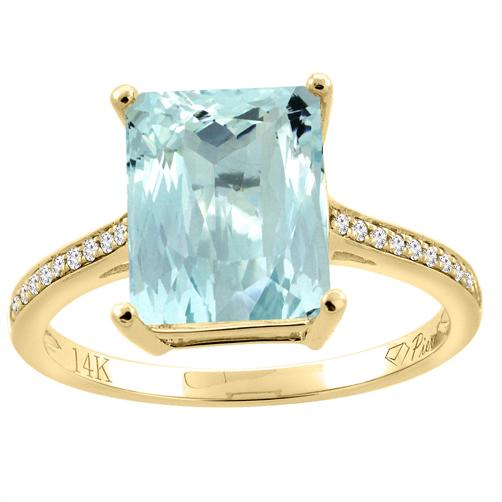 14K Gold Natural Aquamarine Ring Octagon 10x8 mm Diamond Accents, sizes 5 - 10
