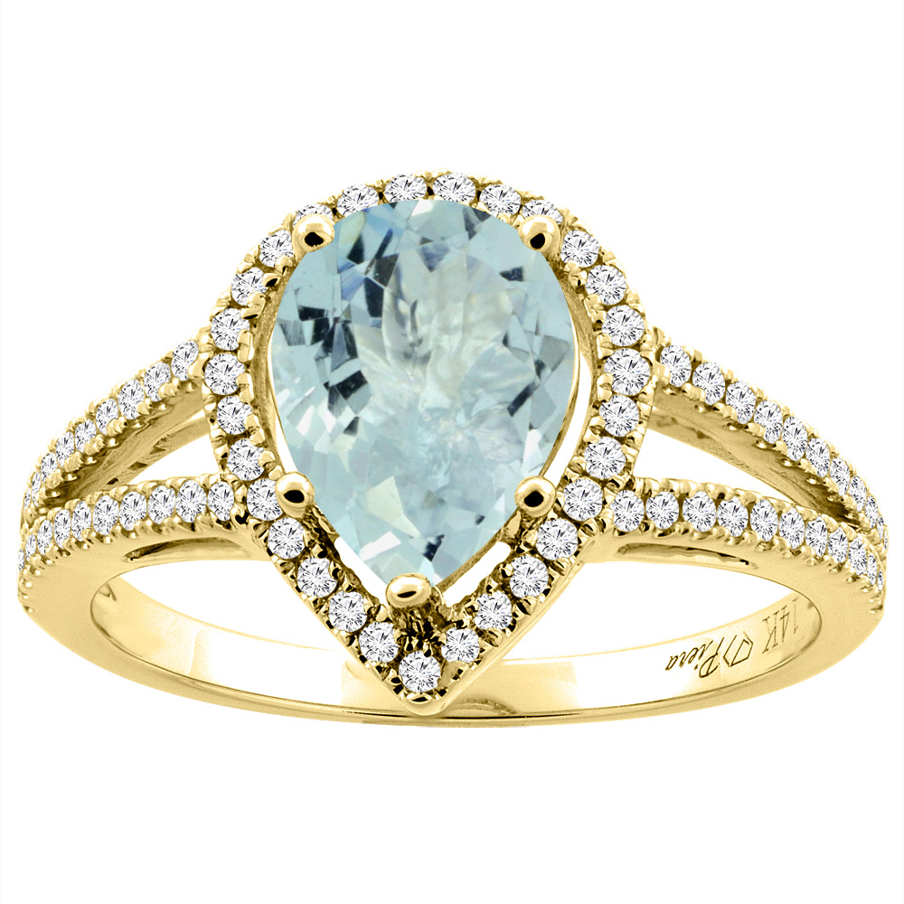 14K Gold Natural Aquamarine Ring Pear Shape 9x7 mm Diamond Accents, sizes 5 - 10