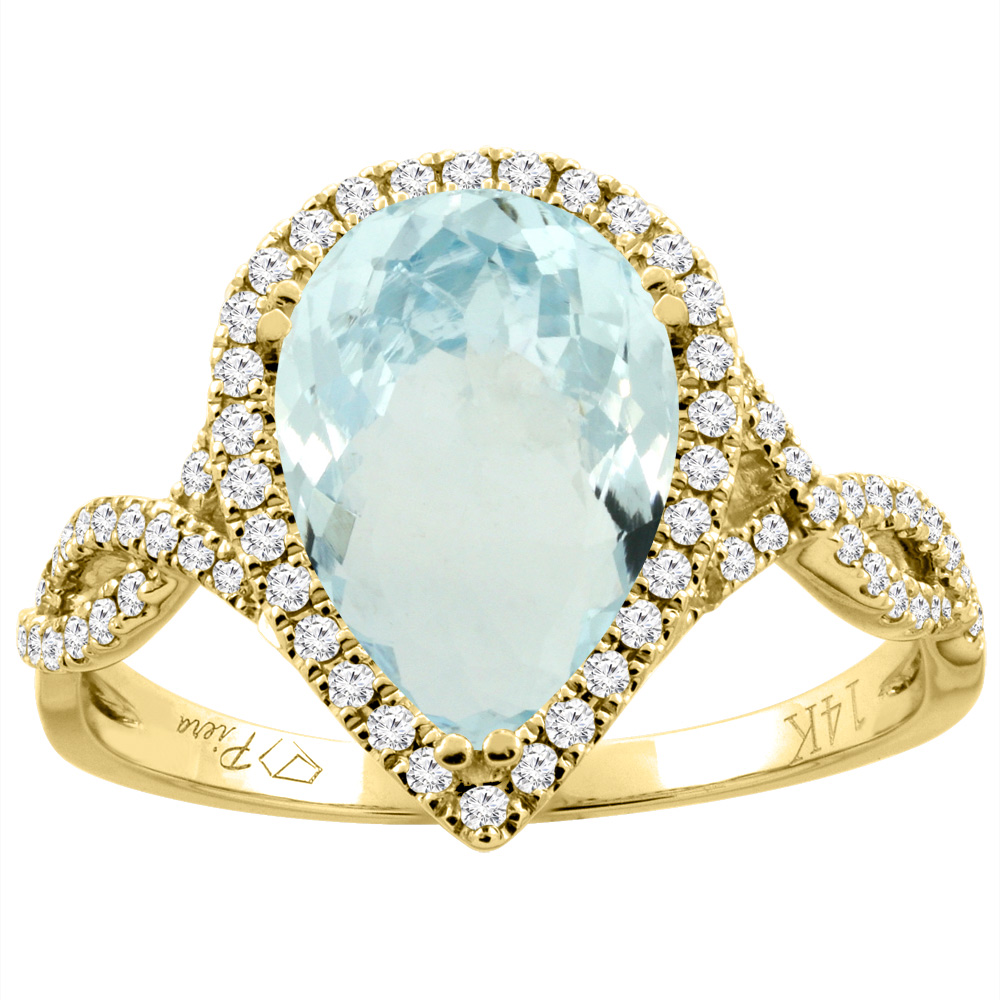14K Gold Natural Aquamarine Ring Pear Shape 12x8 mm Diamond Accents, sizes 5 - 10