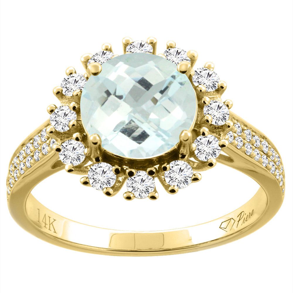 14K Gold Natural Aquamarine Ring Round 8 mm Diamond Accents, sizes 5 - 10