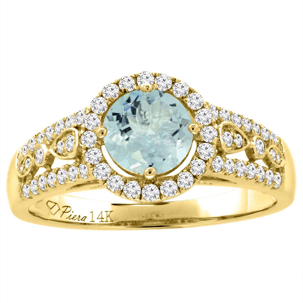 14K Yellow Gold Diamond Natural Aquamarine Engagement Halo Ring Round 7 mm, sizes 5-10