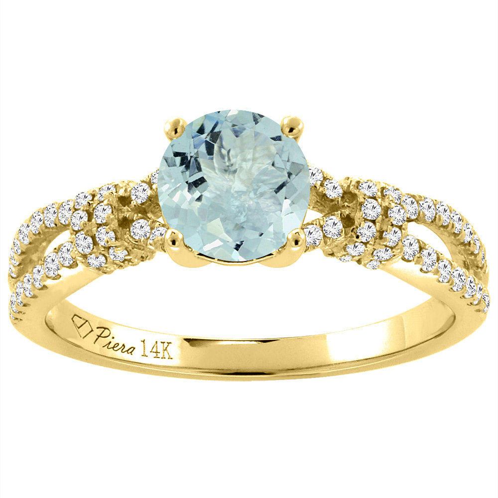 14K Yellow Gold Diamond Natural Aquamarine Engagement Ring Round 7 mm, sizes 5-10