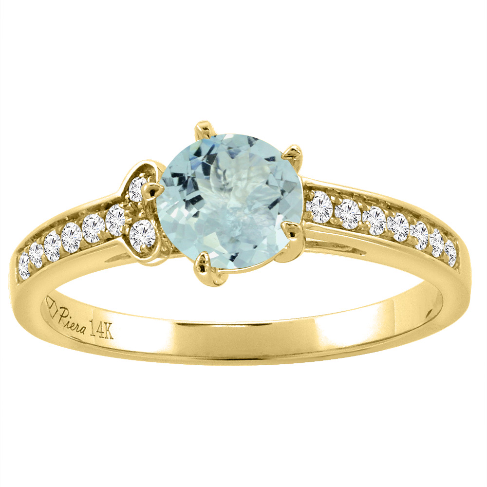 14K Yellow Gold Diamond Natural Aquamarine Engagement Ring Round 7 mm, sizes 5-10