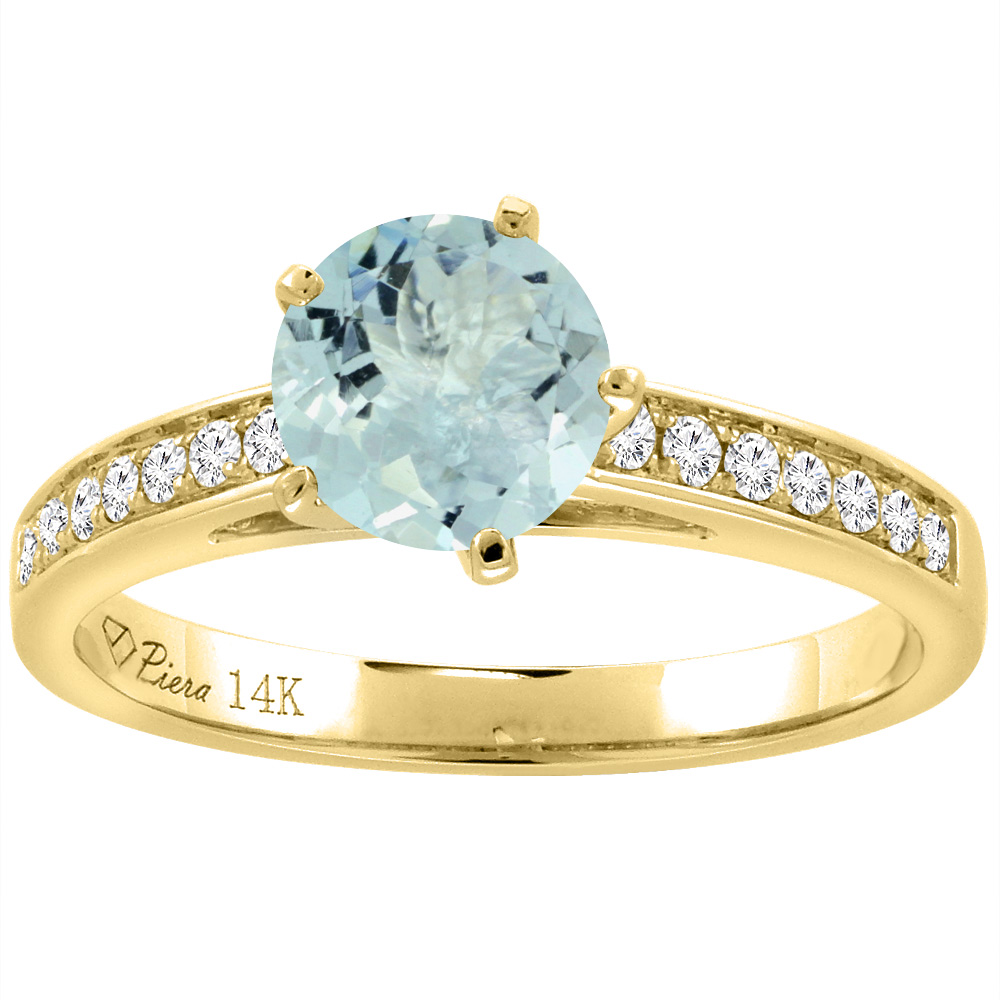 14K Yellow Gold Diamond Natural Aquamarine Engagement Ring Round 7 mm, sizes 5-10