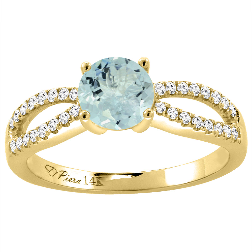 14K Yellow Gold Diamond Natural Aquamarine Engagement Ring Round 7 mm, sizes 5-10