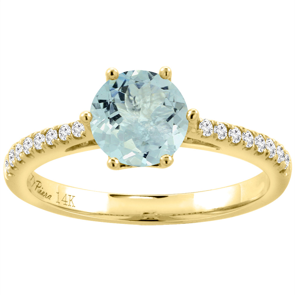 14K Yellow Gold Diamond Natural Aquamarine Engagement Ring Round 7 mm, sizes 5-10