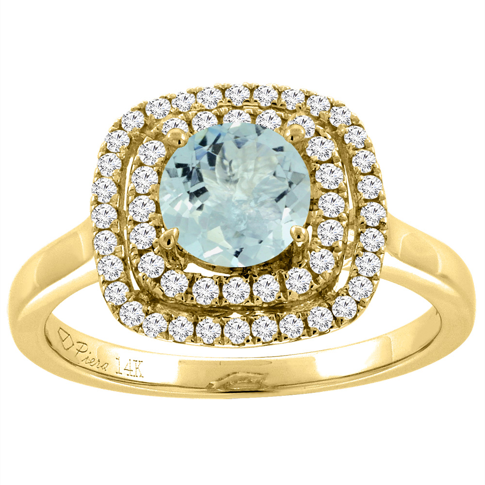 14K Yellow Gold Natural Aquamarine Double Halo Diamond Engagement Ring Round 7 mm, sizes 5-10