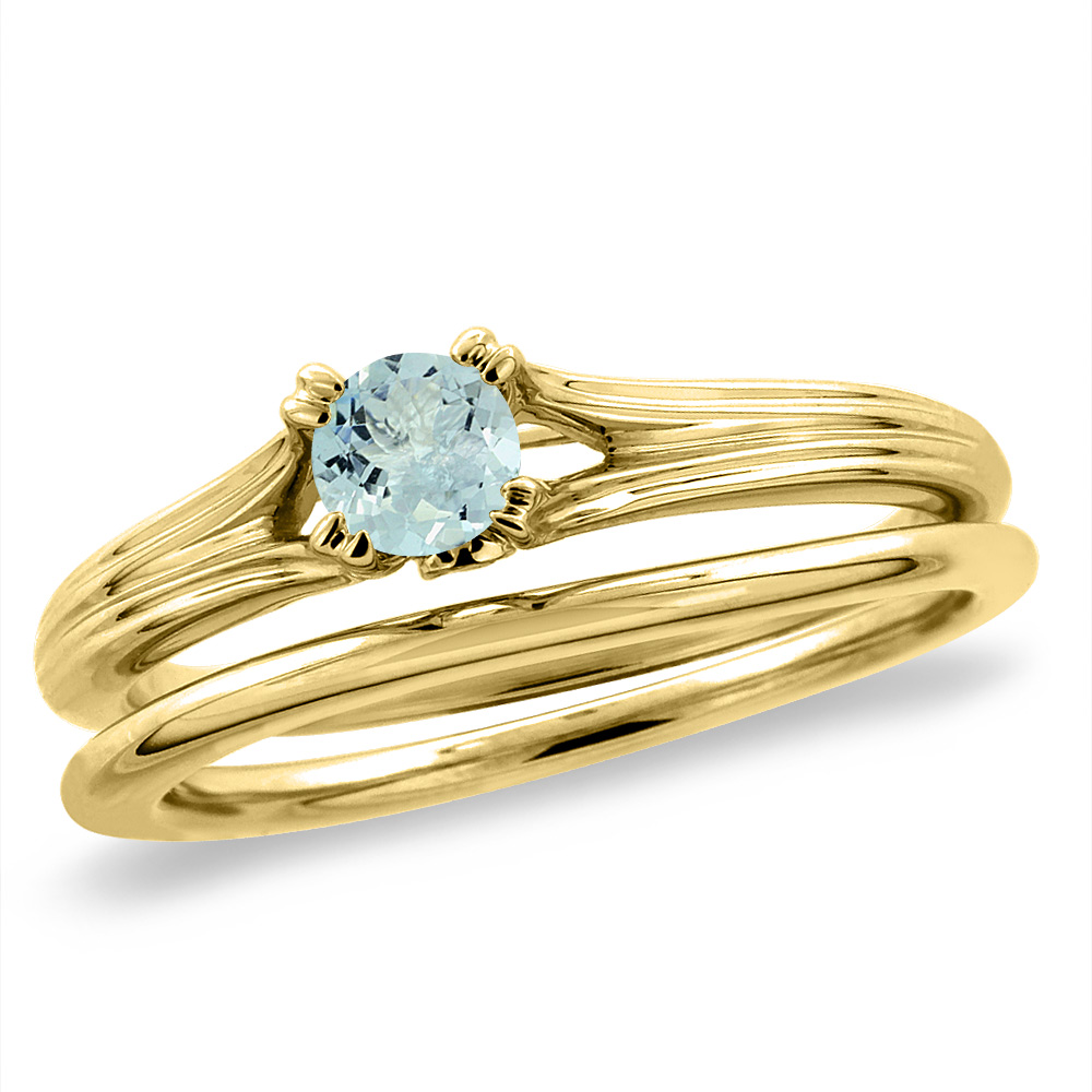 14K Yellow Gold Diamond Natural Aquamarine 2pc Solitaire Engagement Ring Set Round 6 mm, sizes 5-10