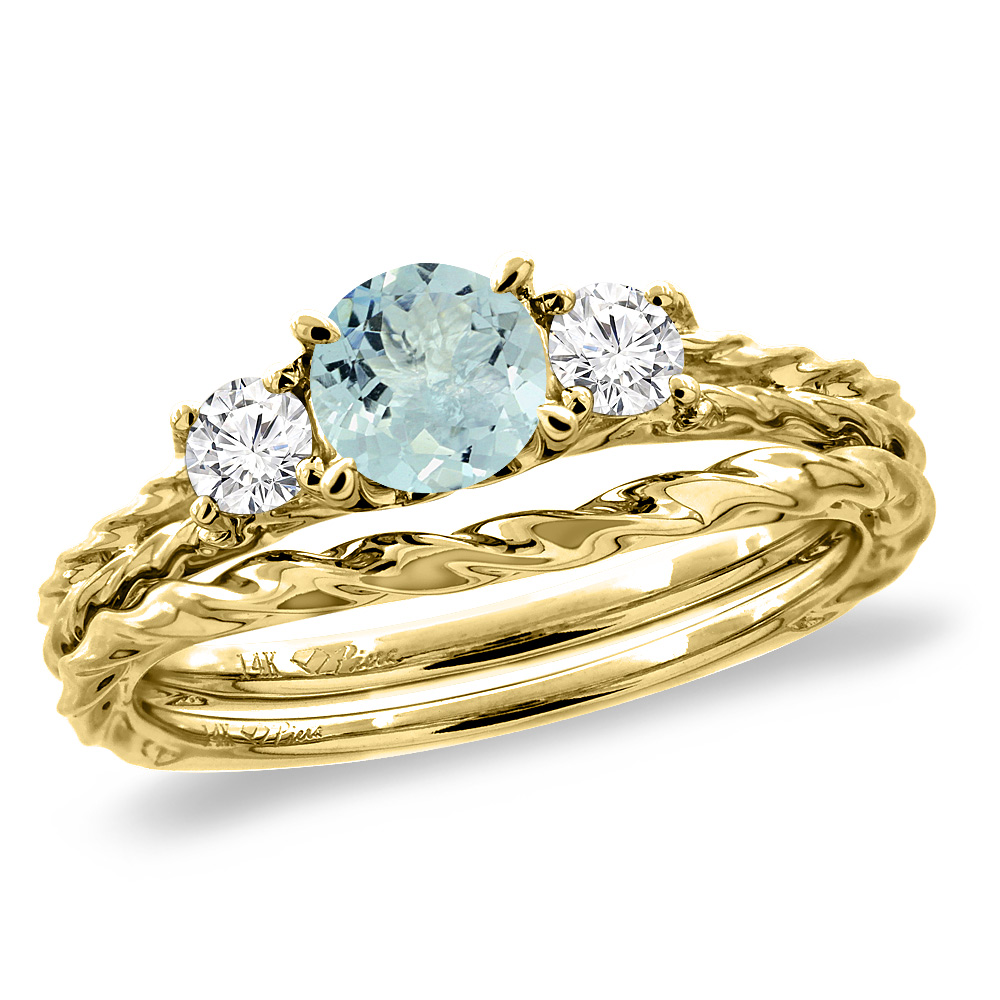 14K Yellow Gold Diamond Natural Aquamarine 2pc Engagement Ring Set Round 6mm Twisted, sizes 5-10