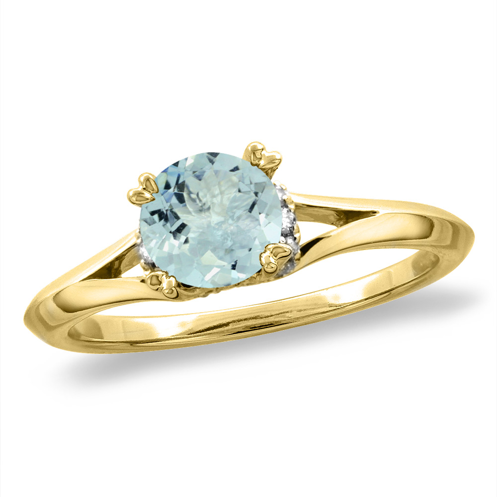 14K White/Yellow Gold Diamond Natural Aquamarine Solitaire Engagement Ring Round 6 mm, sz 5-10