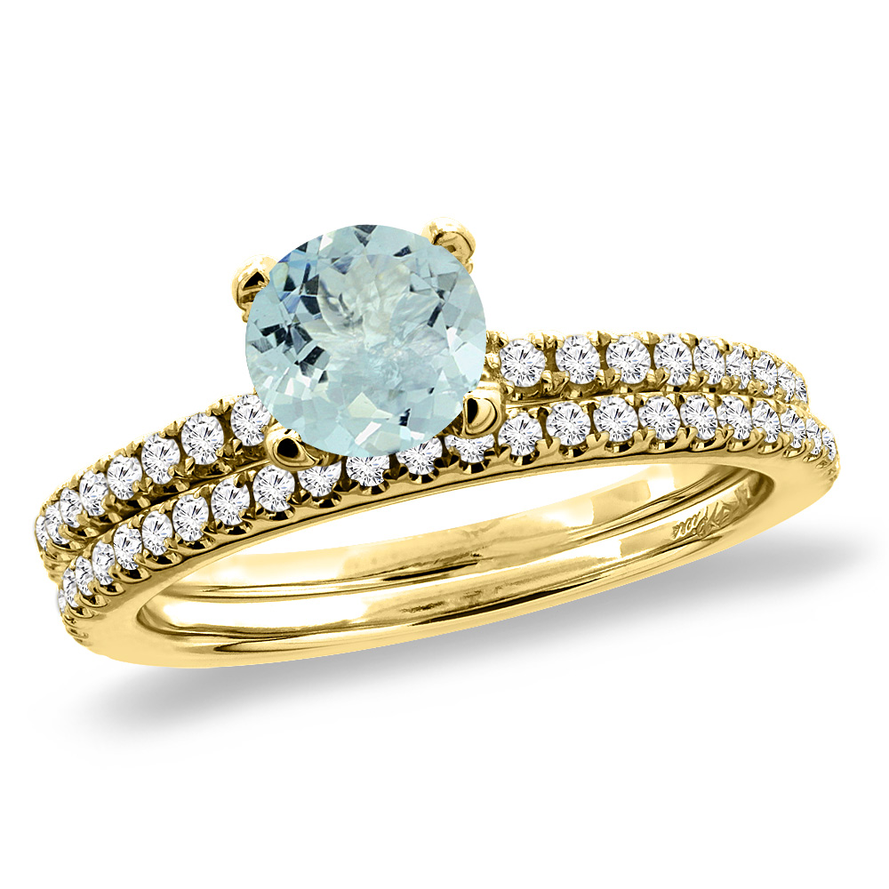 14K Yellow Gold Diamond Natural Aquamarine 2pc Engagement Ring Set Round 5 mm, sizes 5-10