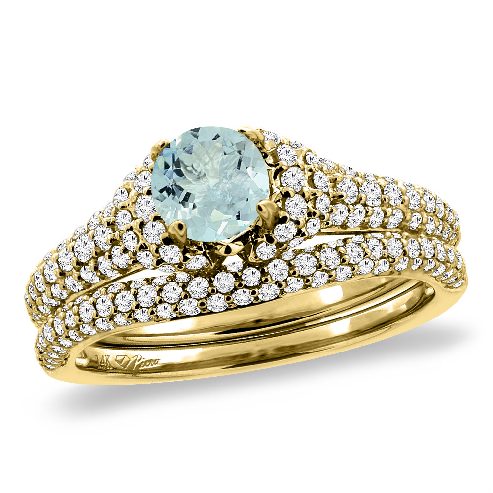 14K Yellow Gold Diamond Natural Aquamarine 2pc Engagement Ring Set Round 5 mm, sizes 5-10