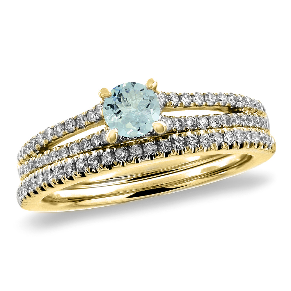 14K Yellow Gold Diamond Natural Aquamarine 2pc Engagement Ring Set Round 5 mm, sizes 5-10