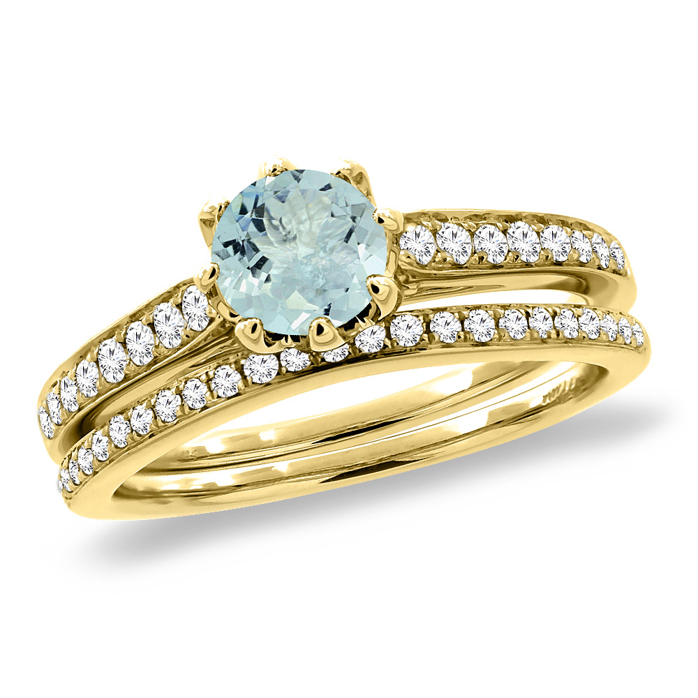14K Yellow Gold Diamond Natural Aquamarine 2pc Engagement Ring Set Round 5 mm, sizes 5-10