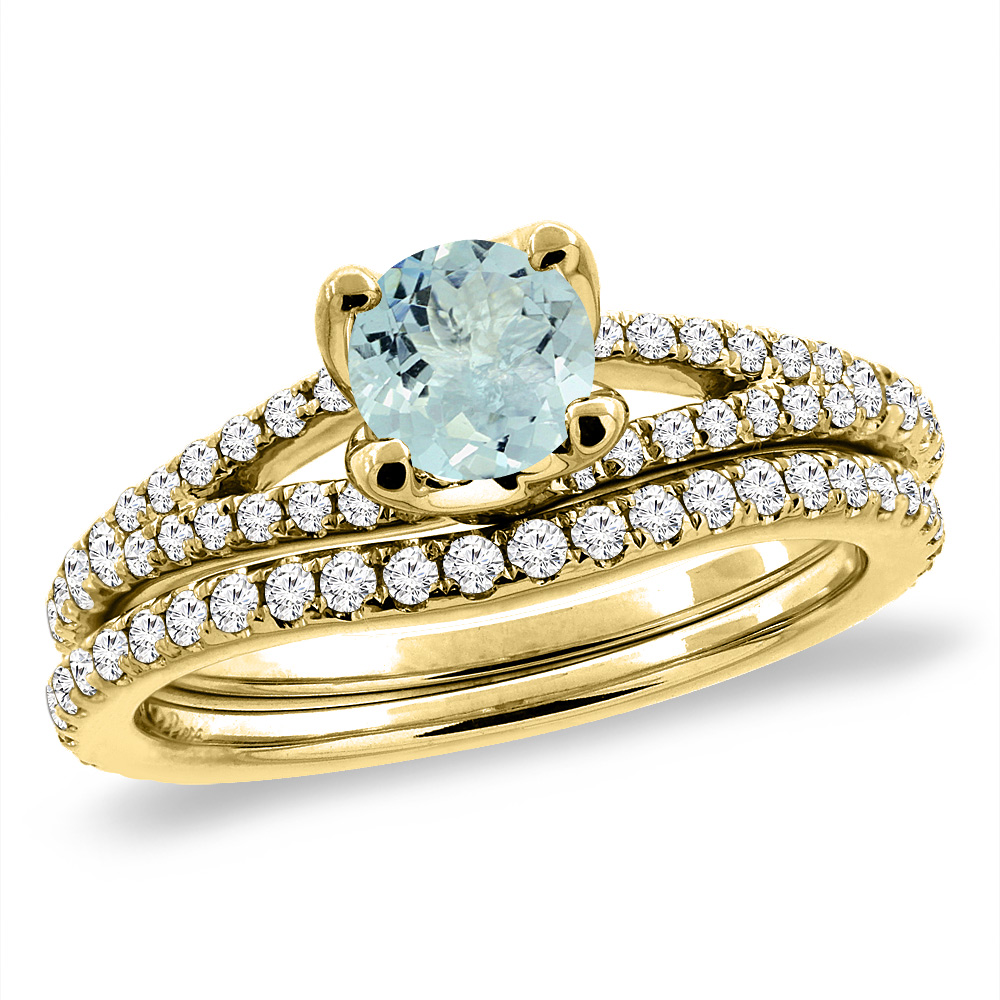 14K Yellow Gold Diamond Natural Aquamarine 2pc Engagement Ring Set Round 5 mm, sizes 5-10
