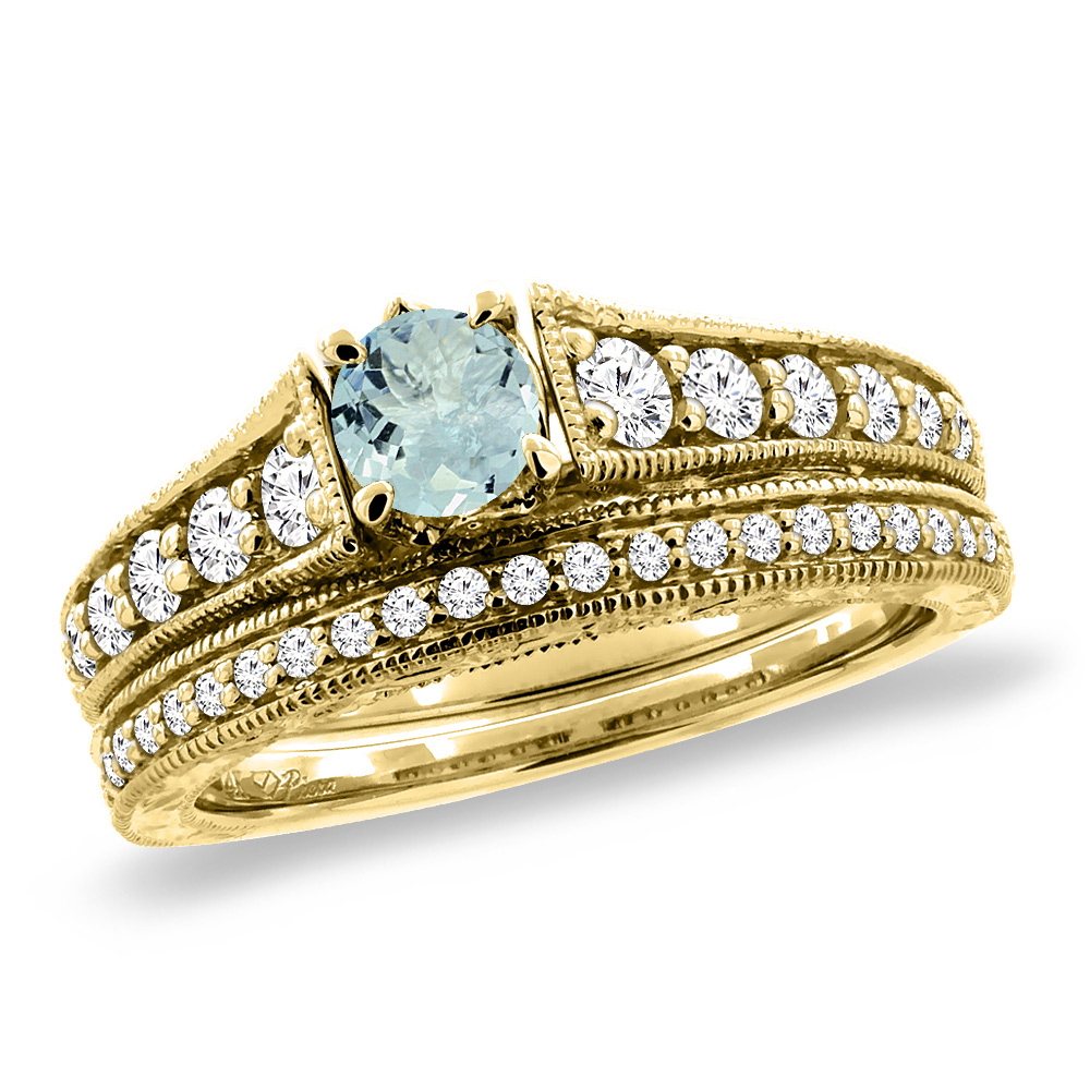14K Yellow Gold Diamond Natural Aquamarine 2pc Engagement Ring Set Round 5 mm, sizes 5-10