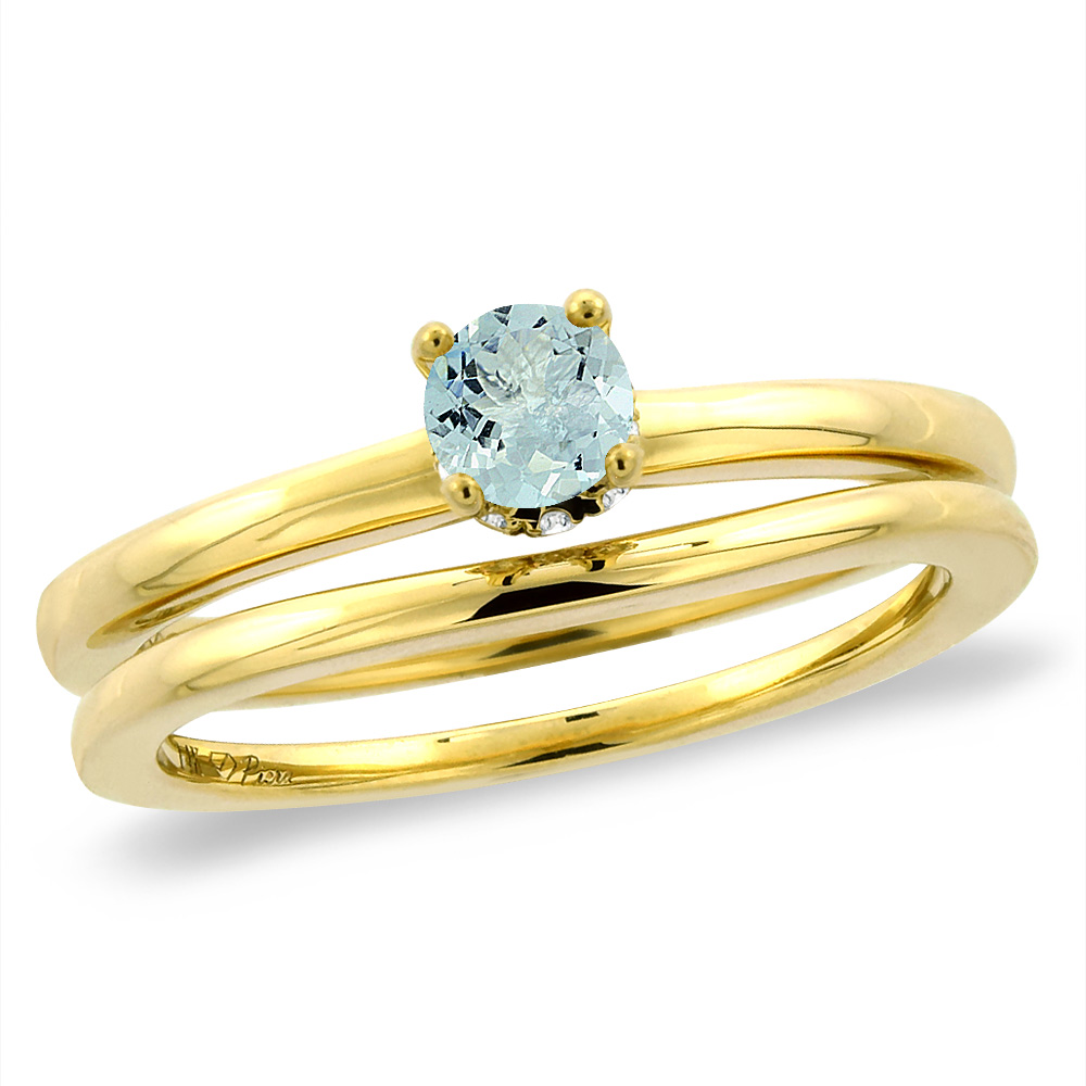 14K Yellow Gold Diamond Natural Aquamarine 2pc Solitaire Engagement Ring Set Round 5 mm, sizes 5 -10