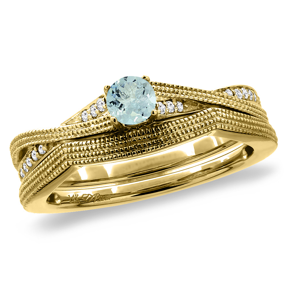 14K Yellow Gold Diamond Natural Aquamarine 2pc Engagement Ring Set Round 4 mm, sizes 5 - 10