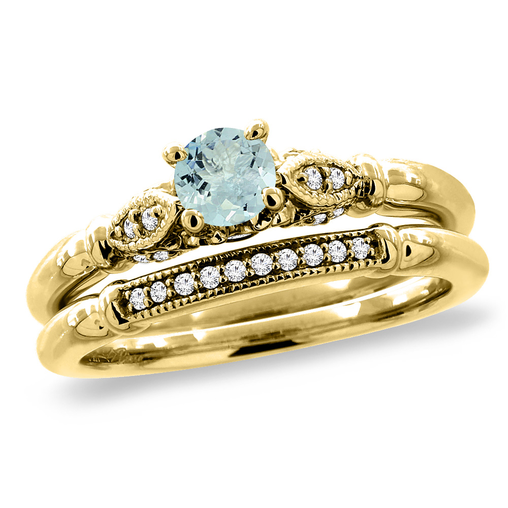 14K Yellow Gold Diamond Natural Aquamarine 2pc Engagement Ring Set Round 4 mm, sizes 5 - 10