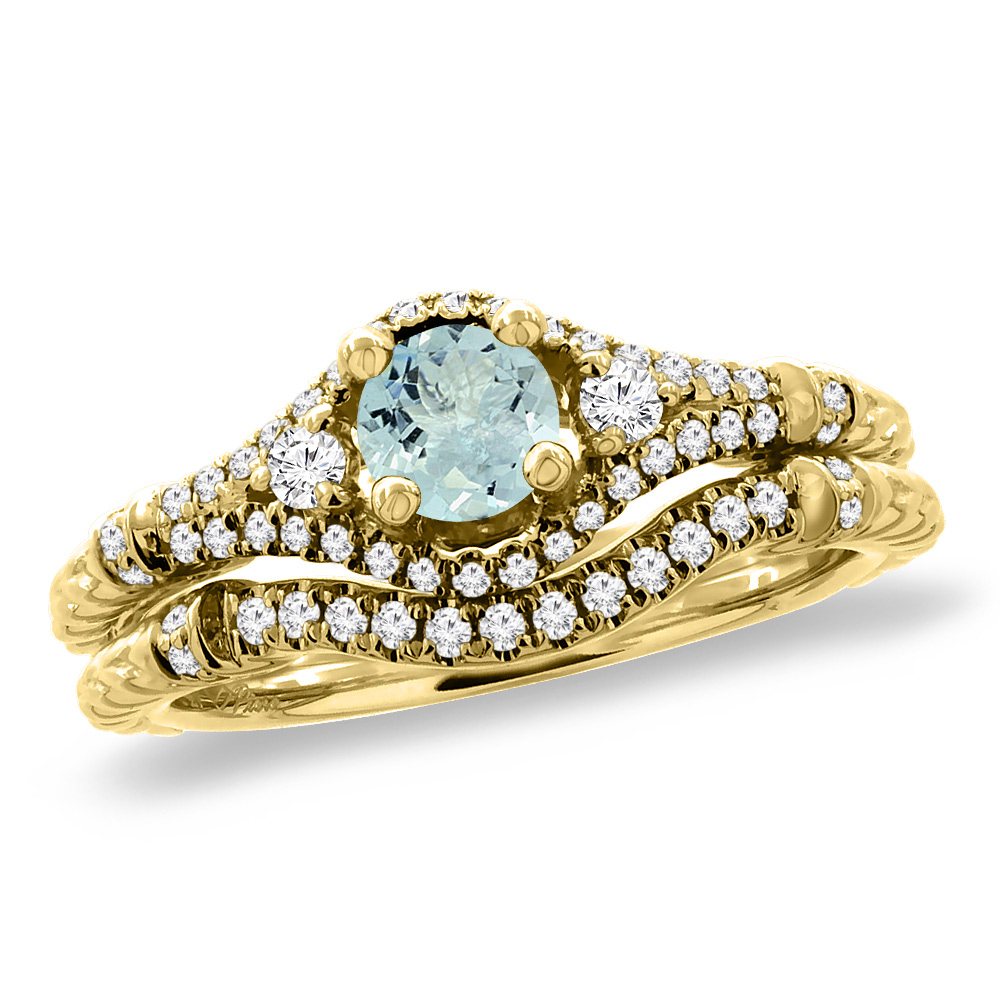14K Yellow Gold Diamond Natural Aquamarine 2pc Engagement Ring Set Round 4 mm, sizes 5 - 10