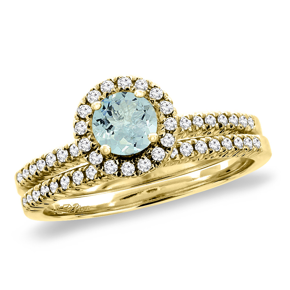 14K Yellow Gold Diamond Natural Aquamarine 2pc Halo Engagement Ring Set Round 4 mm, size5-10