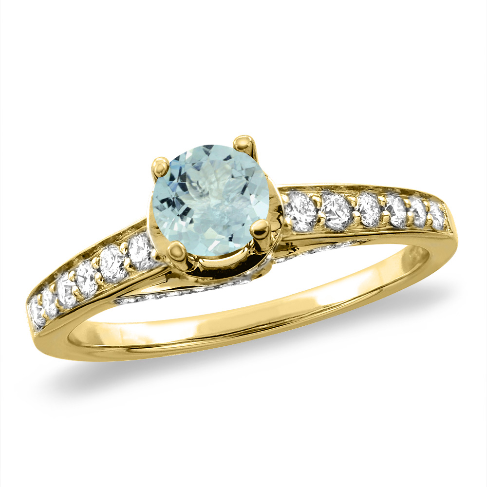 14K White/Yellow Gold Diamond Natural Aquamarine Engagement Ring Round 4 mm, sizes 5 -10