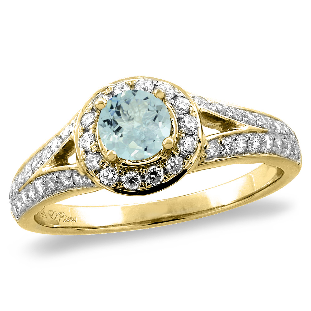 14K White/Yellow Gold Diamond Natural Aquamarine Halo Engagement Ring Round 4 mm, sizes 5 -10