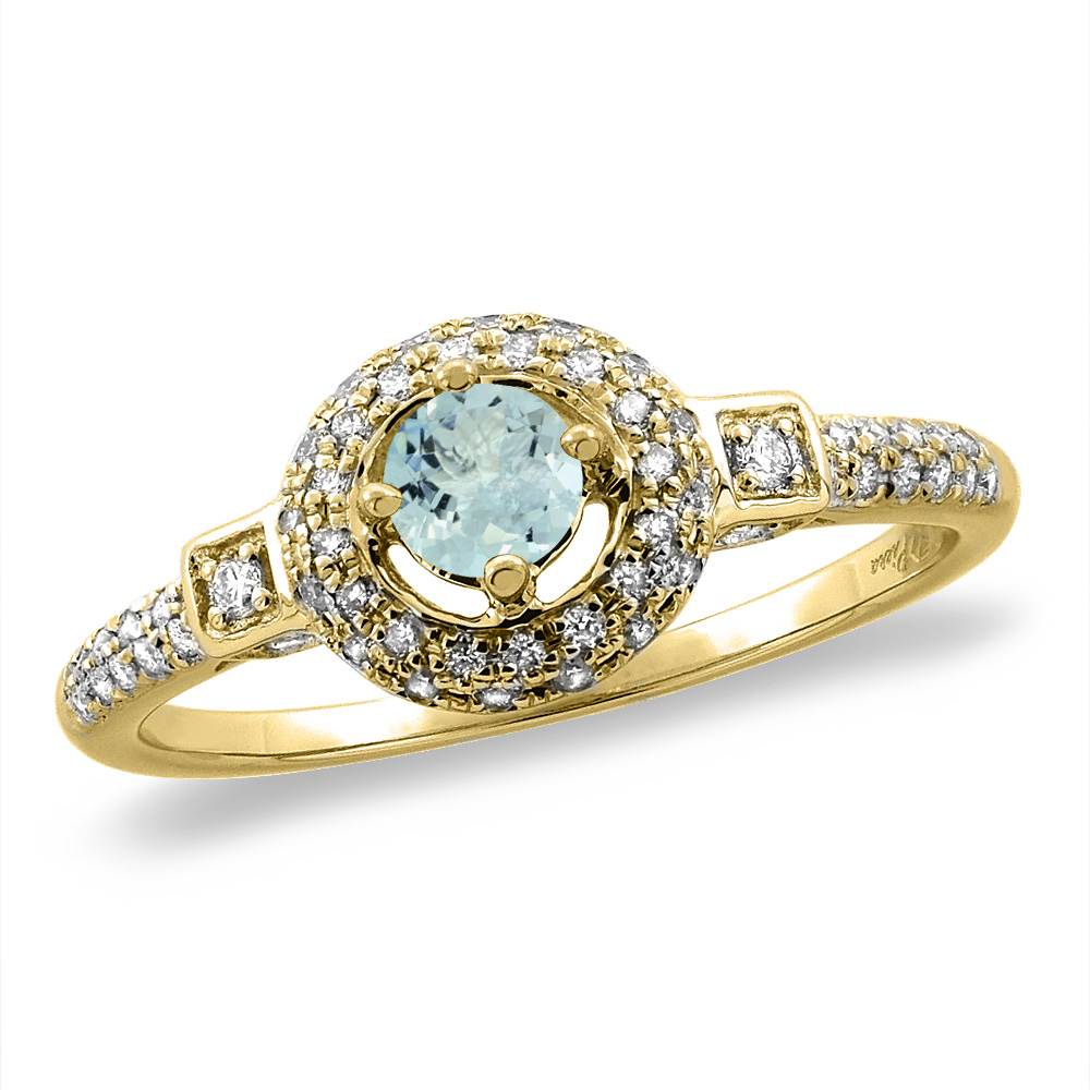 14K White/Yellow Gold Diamond Natural Aquamarine Halo Engagement Ring Round 4 mm, sizes 5 -10