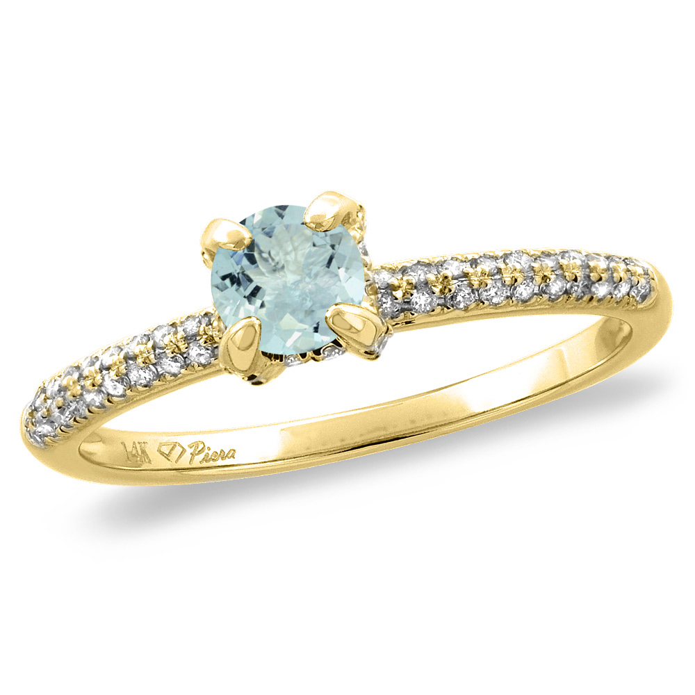 14K White/Yellow Gold Diamond Natural Aquamarine Solitaire Engagement Ring Round 4 mm, sizes 5 -10