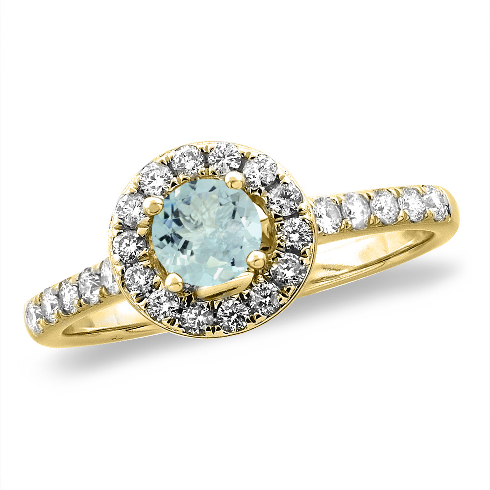 14K White/Yellow Gold Diamond Natural Aquamarine Halo Engagement Ring Round 4 mm, sizes 5 -10