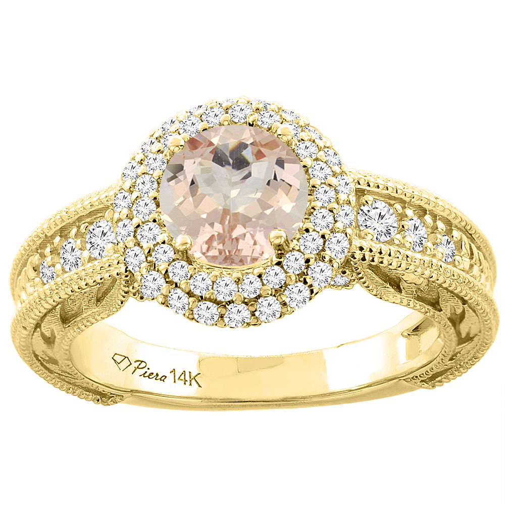 14K Yellow Gold Natural Morganite & Diamond Halo Ring Round 6 mm, sizes 5-10