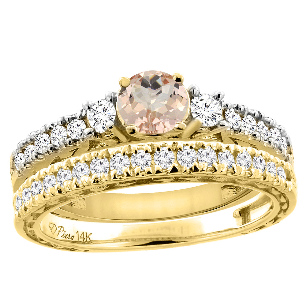 14K Yellow Gold Diamond Natural Morganite Engagement 2-pc Ring Set Engraved Round 6 mm, sizes 5 - 10