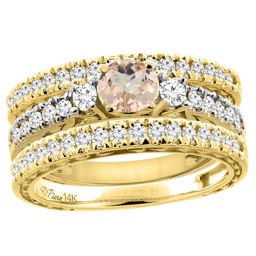14K Yellow Gold Diamond Natural Morganite Engagement 3-pc Ring Set Engraved Round 6 mm, sizes 5 - 10