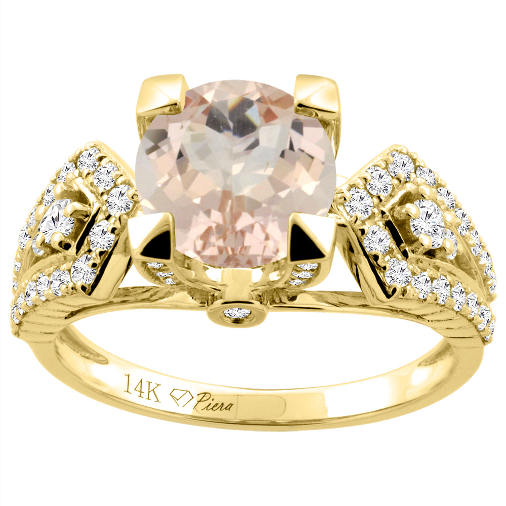 14K Gold Natural Morganite Ring Round 7 mm Diamond Accents, sizes 5 - 10
