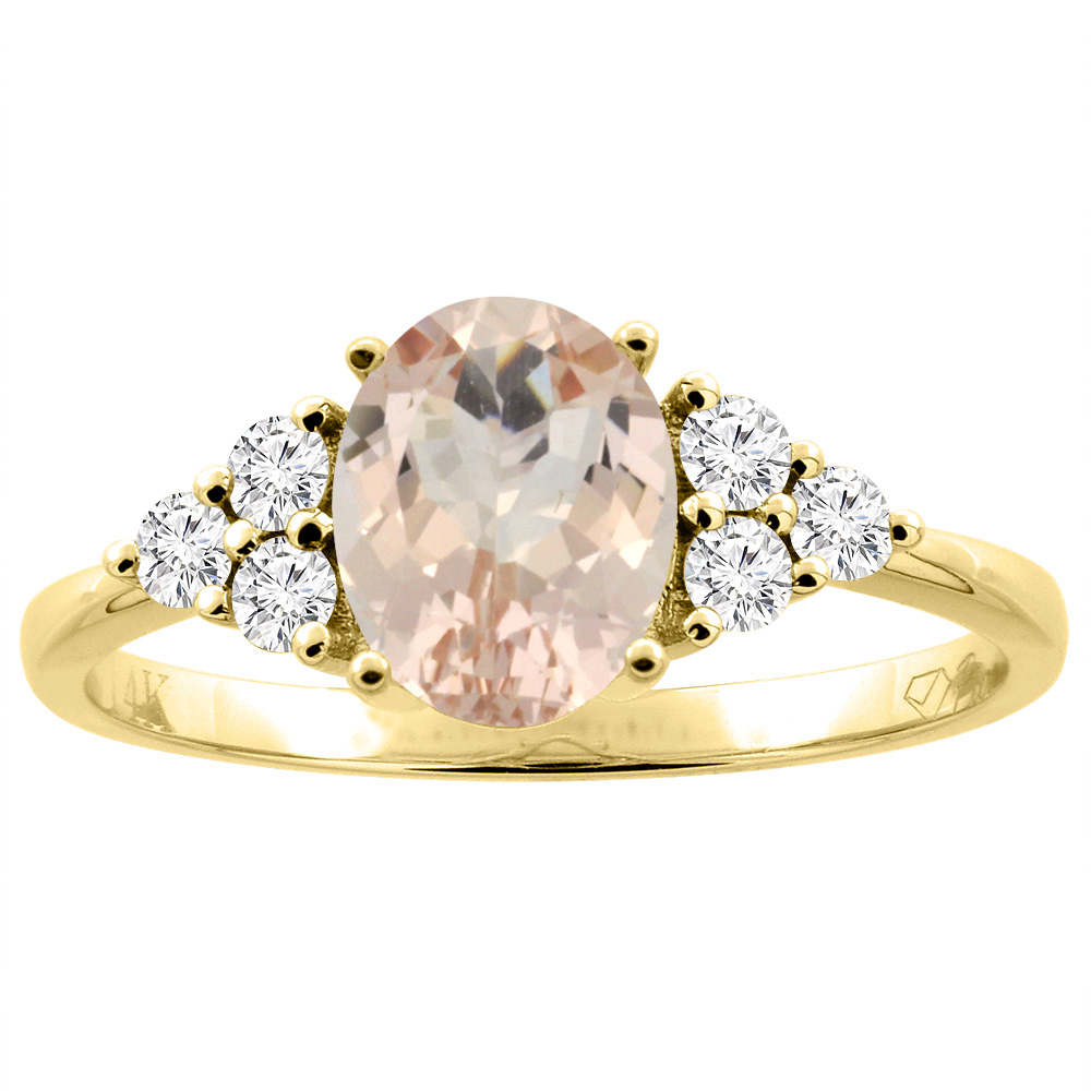 14K Gold Natural Morganite Ring Oval 8x6 mm Diamond Accents, sizes 5 - 10