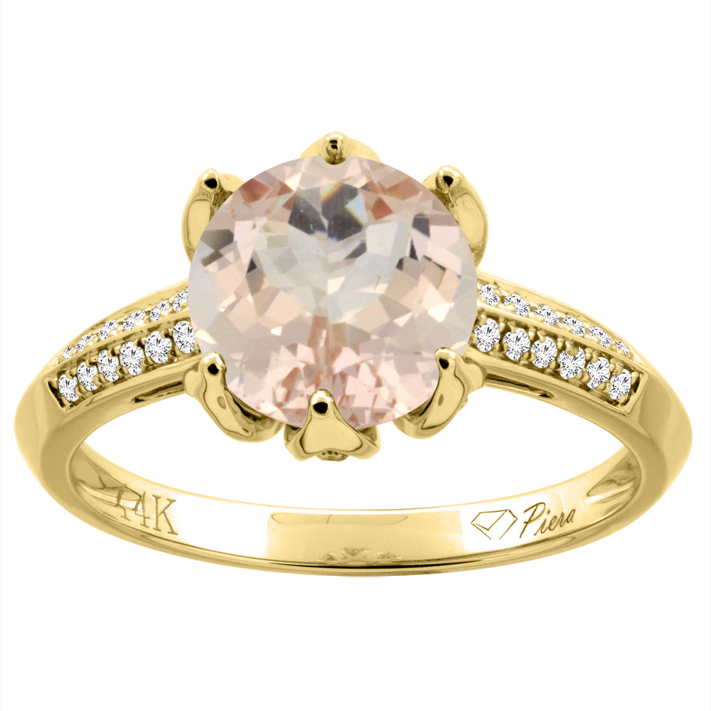 14K Gold Natural Morganite Ring Round 8 mm Diamond Accents, sizes 5 - 10