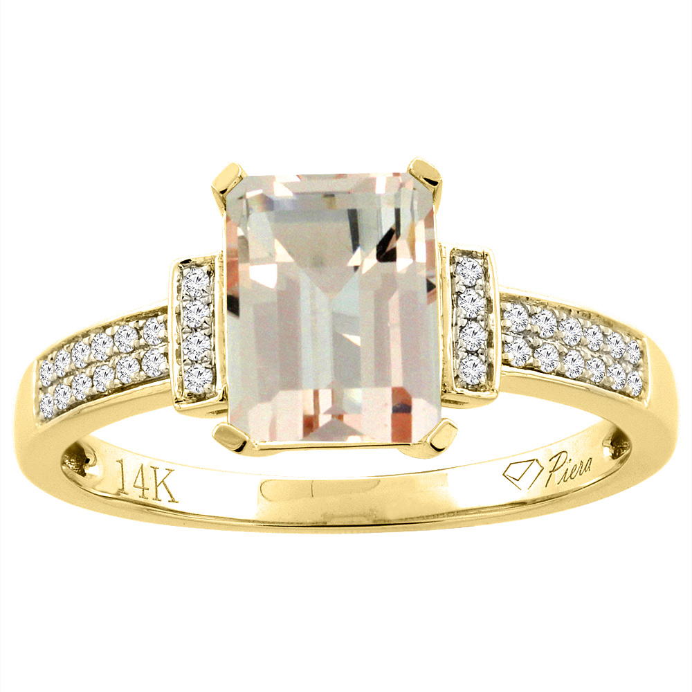 14K Gold Natural Morganite Ring Octagon 8x6 mm Diamond Accents, sizes 5 - 10