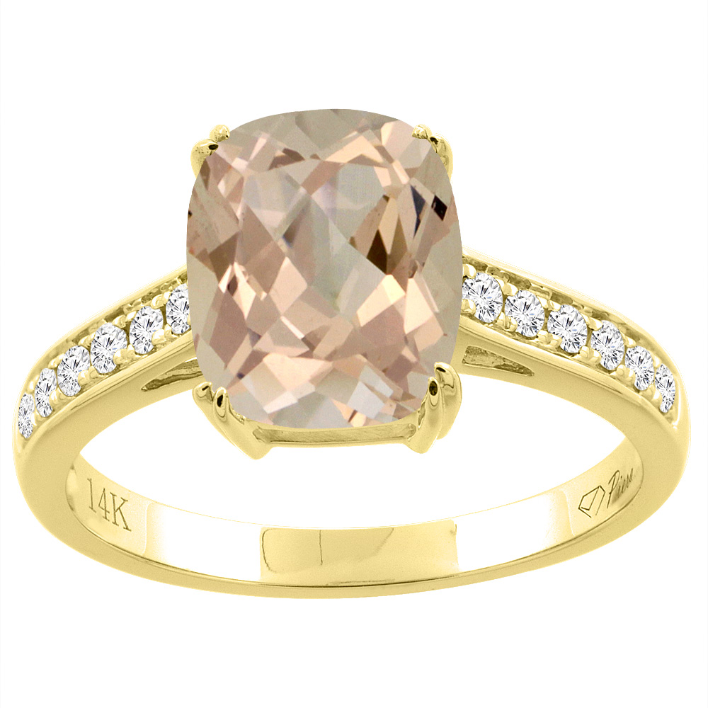 14K Gold Natural Morganite Ring Cushion Cut 9x7 mm Diamond Accents, sizes 5 - 10