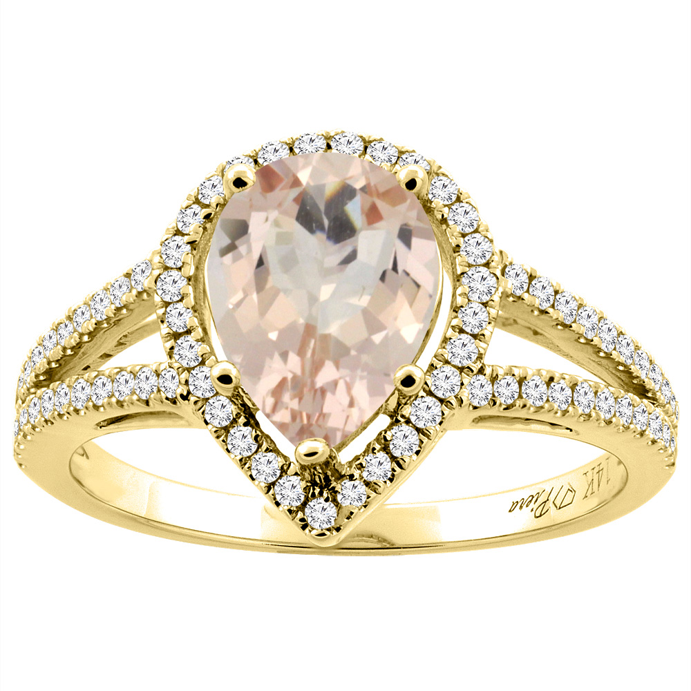 14K Gold Natural Morganite Ring Pear Shape 9x7 mm Diamond Accents, sizes 5 - 10