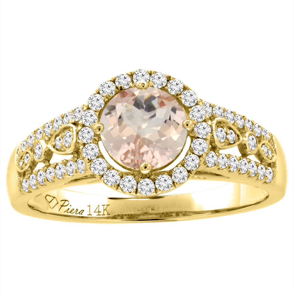 14K Yellow Gold Diamond Natural Morganite Engagement Halo Ring Round 7 mm, sizes 5-10