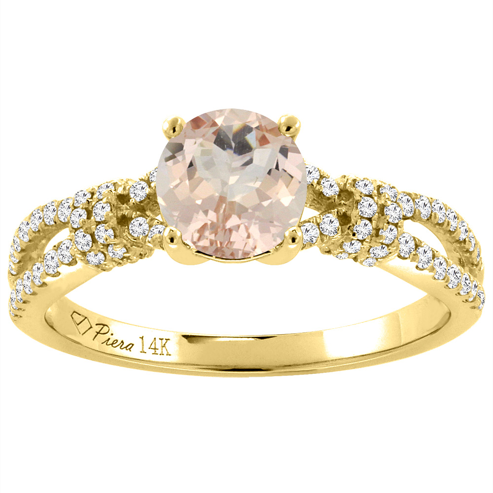 14K Yellow Gold Diamond Natural Morganite Engagement Ring Round 7 mm, sizes 5-10