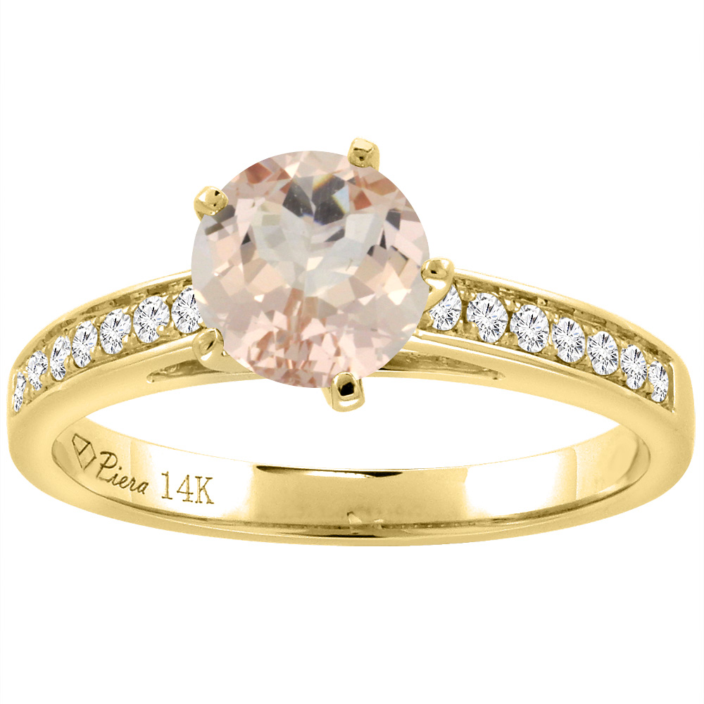 14K Yellow Gold Diamond Natural Morganite Engagement Ring Round 7 mm, sizes 5-10