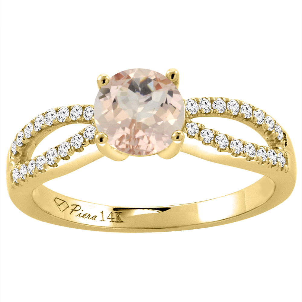 14K Yellow Gold Diamond Natural Morganite Engagement Ring Round 7 mm, sizes 5-10