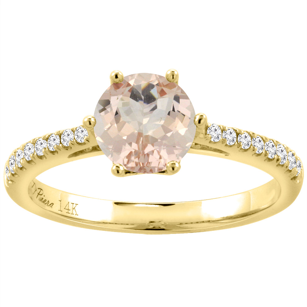 14K Yellow Gold Diamond Natural Morganite Engagement Ring Round 7 mm, sizes 5-10