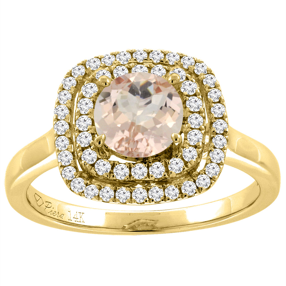 14K Yellow Gold Natural Morganite Double Halo Diamond Engagement Ring Round 7 mm, sizes 5-10
