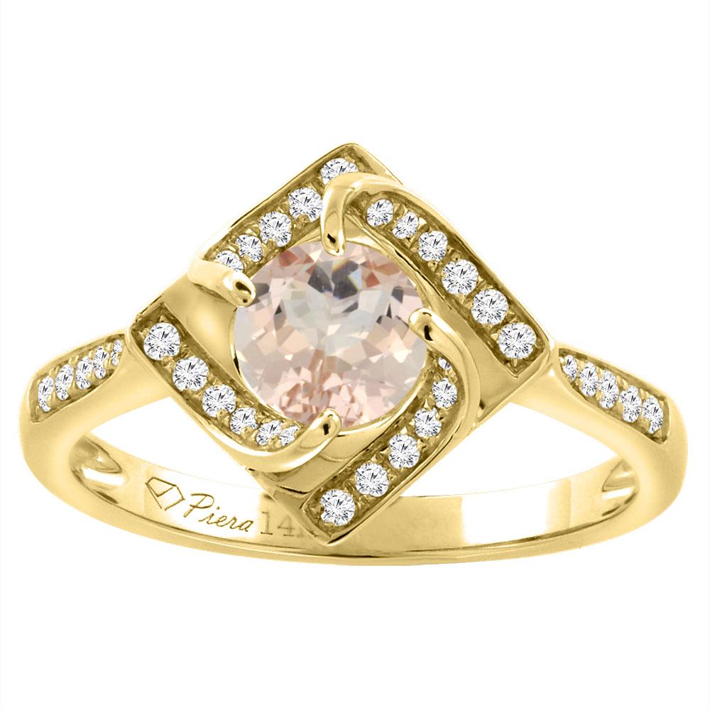 14K Yellow Gold Diamond Natural Morganite Engagement Ring Round 7 mm, sizes 5-10